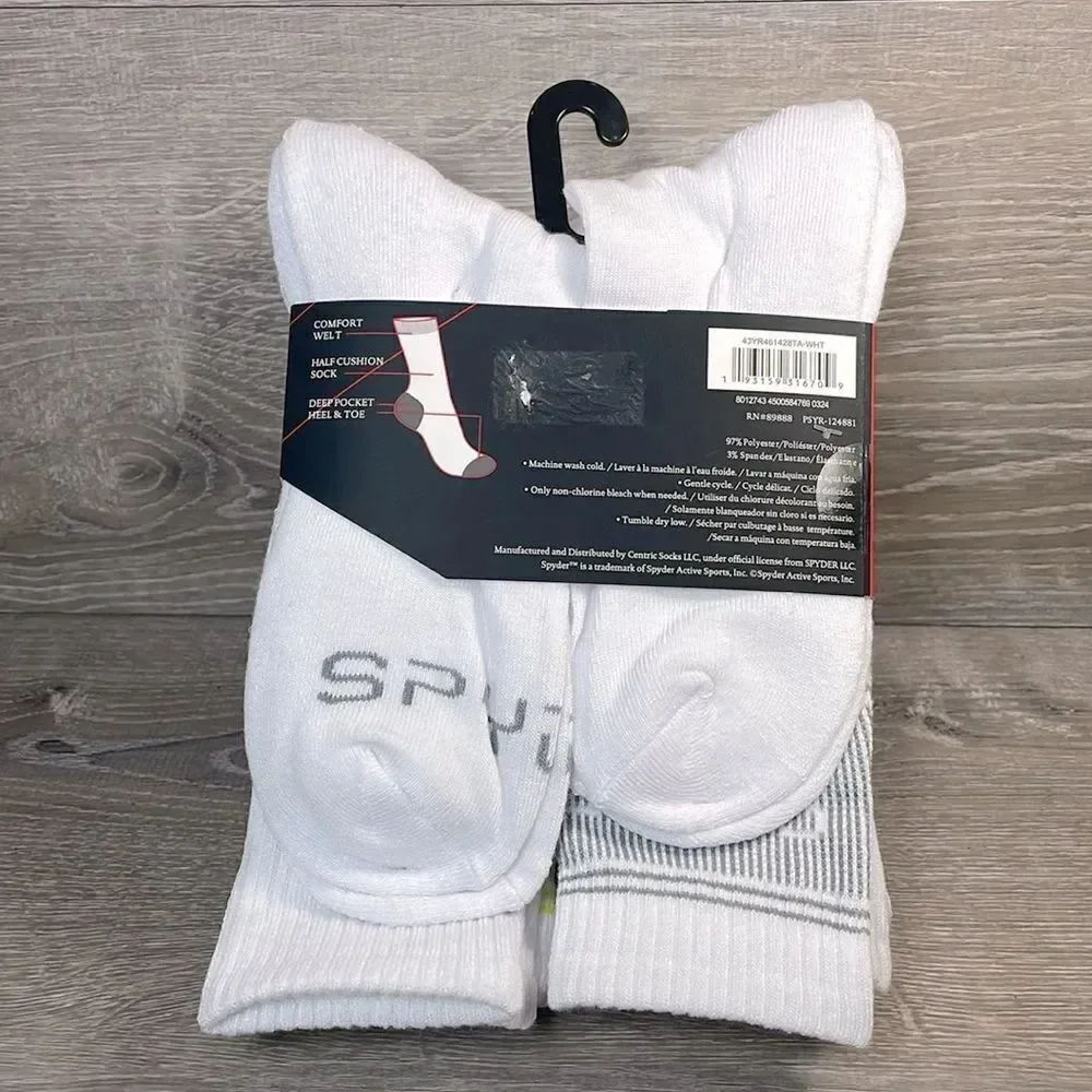 NEW Spyder Men’s Size 6-12 White Crew Socks w/ Logo- 6 Pairs 97%Poly/Spandex